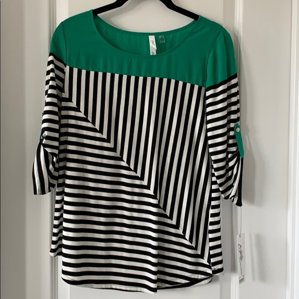 NWT NY COLLECTION Mixed Materials Striped Roll-Up Sleeves Blouse Size M